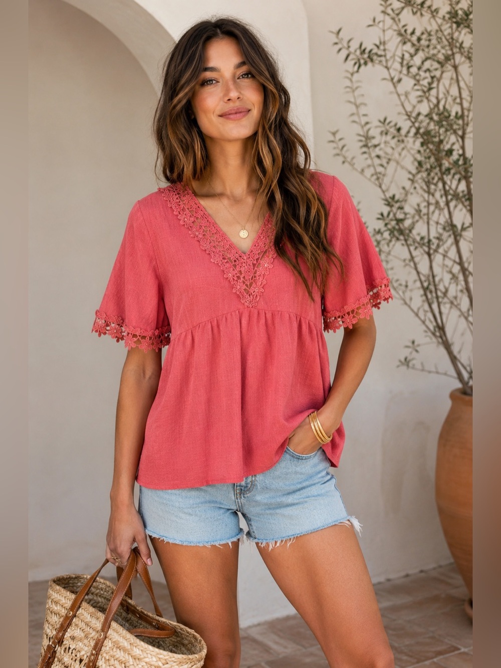 100% Linen Coral Crochet Lace Trim Babydoll Peasant Boho Blouse XL
